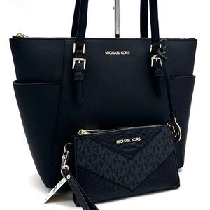 Michael Kors Large Charlotte Tote Bag & Large Double Zip Wallet Black
